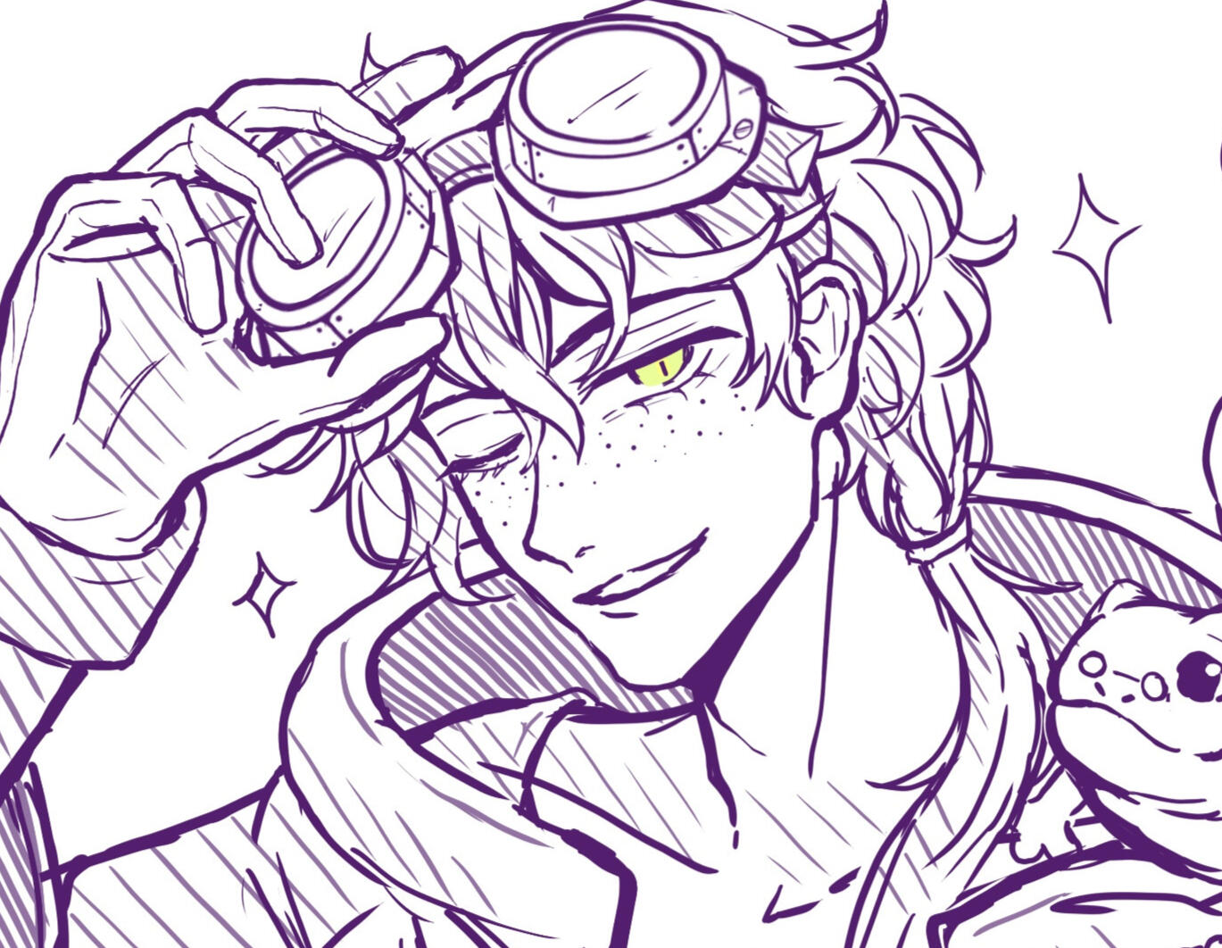 Rainer with freckles A man with goggles smiles at the camera. He has prominent freckles and long hair