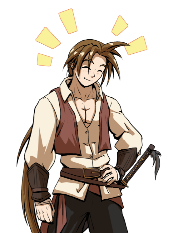 Seki Sprite A smiling man wearing a sword. His chest is exposed