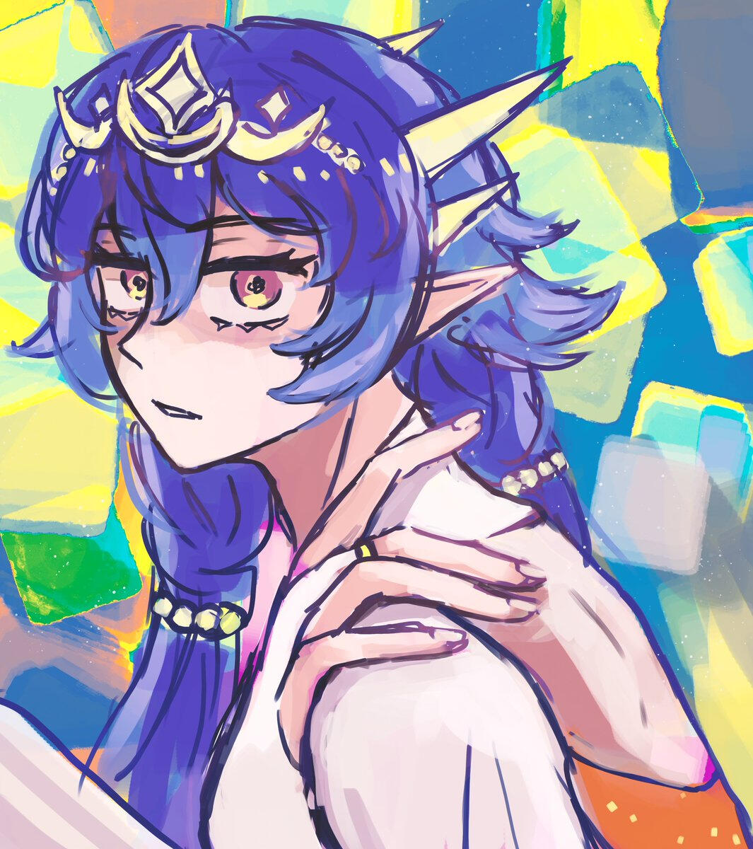 Melanie A woman wearing a regal tiara grips her own shoulder