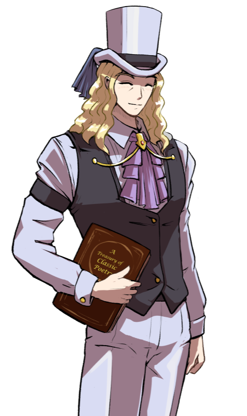 A smiling man wearing a top hat and clutching a book of poetry.