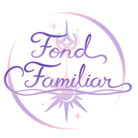 Stylized text reading Fond Familiar with a moon and star surrounded by a circle