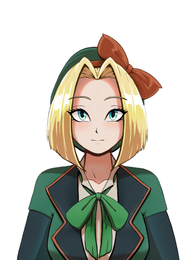 Sari Neutral Sprite A smiling woman in a school uniform with a hat looks straight at the camera.