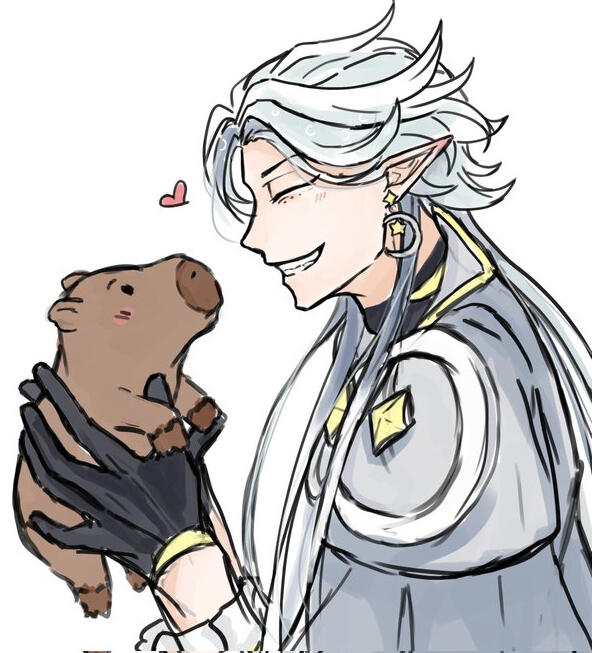 A smiling man with long hair holding a capybara.