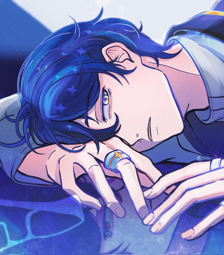 Caelix Blue A man lying on a pool of reflective ice.