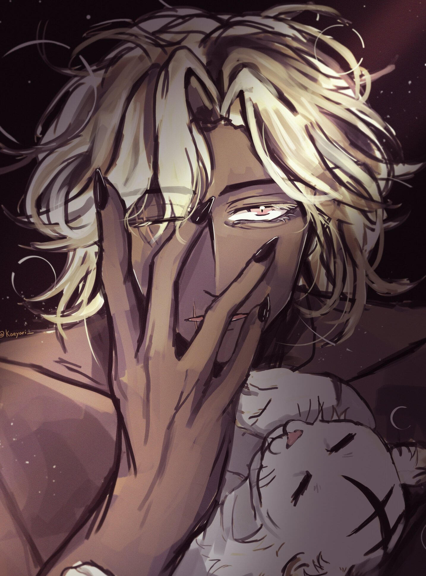 Leander A shirtless man holding a white tiger cub staring at the camera as if he's about to fall asleep