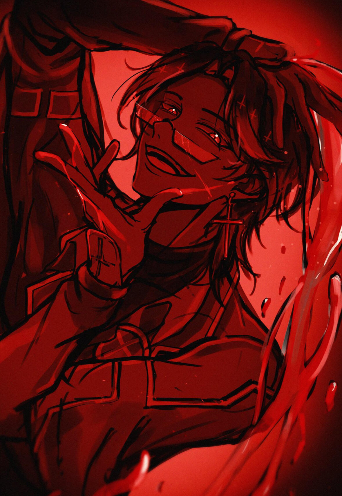 A man surrounded by blood smiles at the camera.