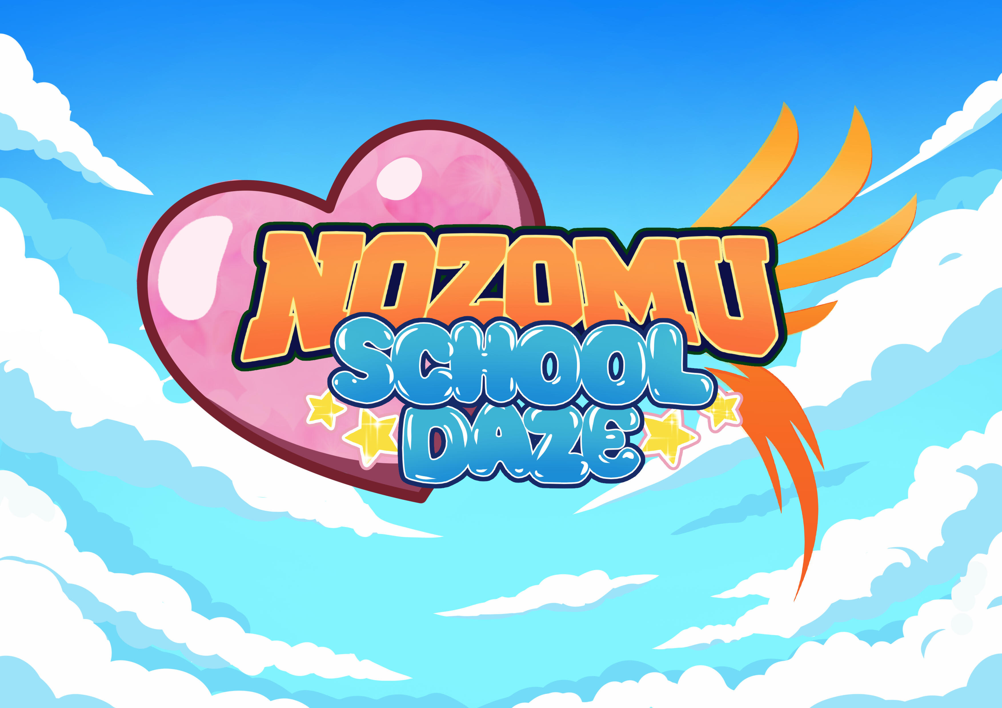 Stylized words in a school-style font read, “Nozomu” atop a bubbly font that reads, “School Daze.” The logo rests on a large pink heart and a wing on the left. The background is a cloudy sky.