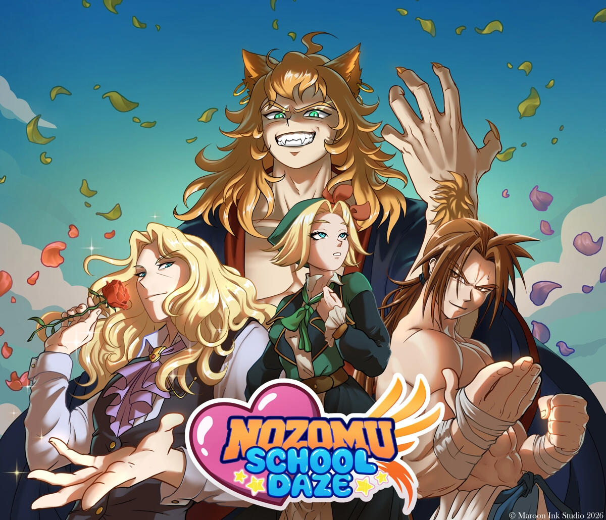 A cover illustration for Nozomu School Daze, an up-and-coming otome visual novel by Maroon Ink Studio. Three martial artists are featured: Julius, with long hair, a suit vest, and a rose; Seki, shirtless and very fit; and Seth, a long-haired catman who lee