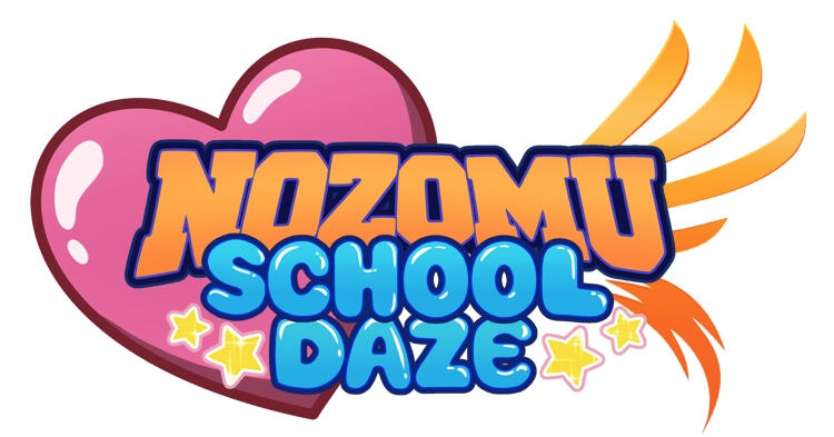 Stylized words in a school-style font read, “Nozomu” atop a bubbly font that reads, “School Daze.” The logo rests on a large pink heart and a wing on the left, but is brighter. The background is pure white.